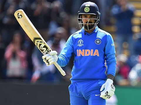 India's K.L. Rahul celebrates reaching his century during the 2019 Cricket World Cup warm up match between Bangladesh v India at Sophia Gardens stadium in Cardiff, south Wales, on May 28, 2019.