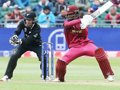 West Indies' Shai Hope, right, in batting action during the Cricket World Cup Warm up match against New Zealand at the Bristol County Ground, Bristol, England, Tuesday May 28, 2019.