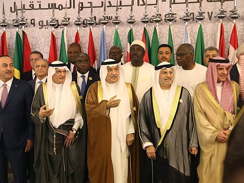 Saudi Arabia's Foreign Minister Ibrahim Al-Assaf (C,) Foreign Minister of Turkey Mevlut Cavusoglu (L), UAE Minister of State for Foreign Affairs Anwar Gargash (2R), and Saudi Minister of State for Foreign Affairs Adel al-Jubeir (R) pose for a photo for the 14th Islamic Summit in Jeddah on May 30, 2019, ahead of the Gulf, Arab, and Islamic summit to be held in Makkah today and tomorrow.