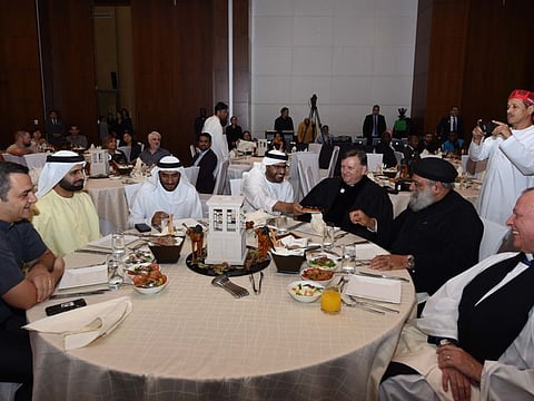 (From left) Pastor Wael Haddad, Brig. Rashid Al Falasi, Maj-Gen. Abdullah Al Gayathi, Mohammad Saeed Al Neyadi, Pastor Jim Burgess, Father Mina Hanna and Pastor John Sugars during the Fellowship Church Celebrating Community Annual Iftar at at Jumeirah Creekside Hotel on Thursday.