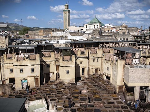 A view of the tannery in the 9th century walled medina in the ancient Moroccan city of Fez on April 11, 2019.