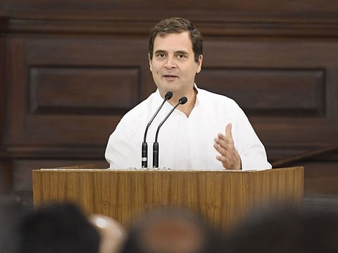 Congress President Rahul Gandhi addresses the Congress Parliamentary Party General Body Meeting, at Parliament House in New Delhi, Saturday, June 1, 2019.