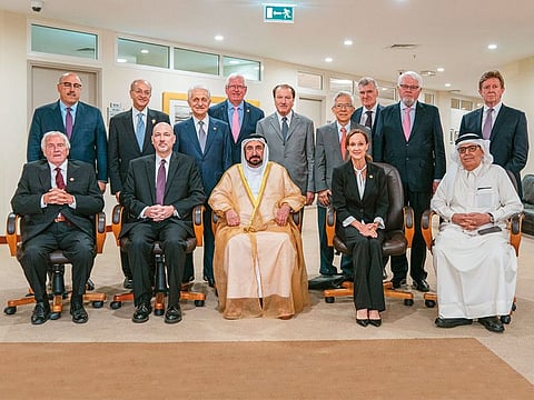 His Highness Dr Shaikh Sultan Bin Mohammad Al Qasimi, Supreme Council Member and Ruler of Sharjah, and President of American University of Sharjah (AUS) with the Board of Trustees.