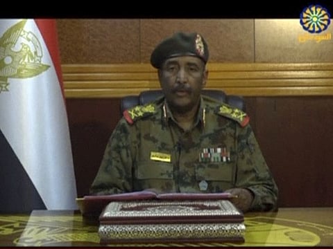 In this frame grab from video provided by Sudan TV, Lieutenant General Abdel-Fattah Burhan, head of the Sudanese Transitional Military Council, TMC, makes a broadcast announcement in Khartoum, Sudan, Tuesday, June 4, 2019.