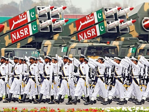 Navy troops march past the Nasr solid-fuel tactical ballistic missile system during the Pakistan Day military parade in Islamabad, in March. Pakistan has one of the world’s largest armies.