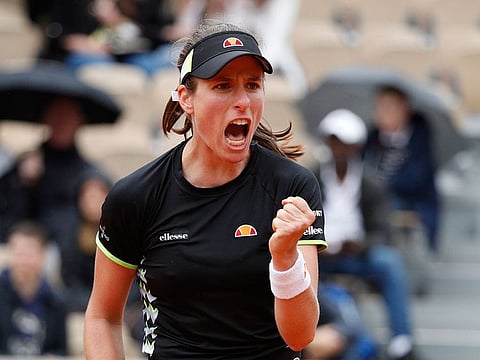 Britain's Johanna Konta reacts during her semifinal match against Marketa Vondrousova of the Czech Republic.