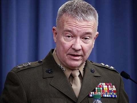 Marine Lt. Gen. Kenneth F. McKenzie Jr., director, Joint Staff, speaks during a media availability at the Pentagon, Saturday, April 14, 2018, in Washington.