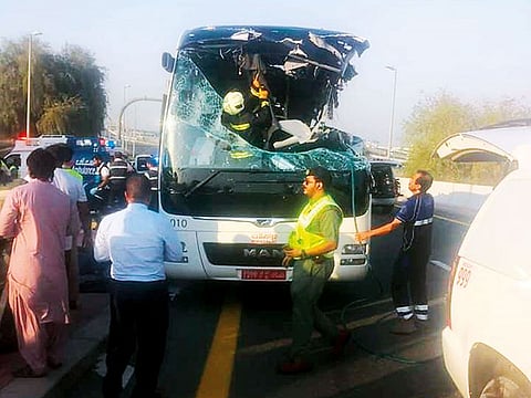 The severely damaged bus after the horrific accident on Mohammad Bin Zayed Road on Thursday.