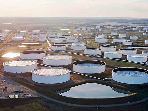 Oil storage tanks in Cushing, Oklahoma. It’s the only time since records going back nearly two decades that reported stockpiles have been so much higher than the implied figure for so long.
