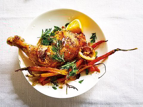 Olive oil-roasted chicken.