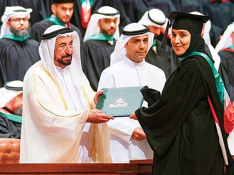 Dr Shaikh Sultan Bin Mohammad Al Qasimi during the graduation ceremony at the University City Hall in Sharjah.
