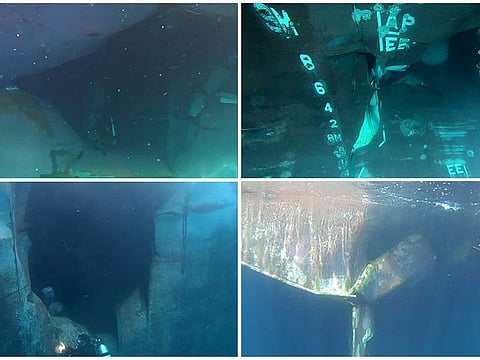 A combination of undated photographs provided on June 6, 2019 by the UAE mission to the United Nations show underwater damage to the (clockwise from top left) Saudi Arabian tanker Amjad, Saudi Arabian tanker Al Marzoqah, Norwegian tanker Andrea Victory and Emirati vessel A. Michel in the port of Fujairah