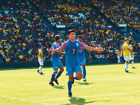 Thapa celebrates after scoring India's opening goal against Thailand in the King's Cup
