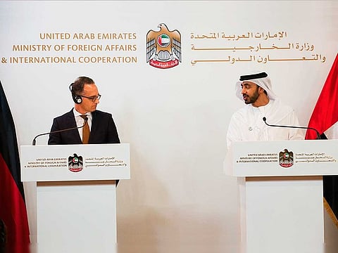 German Foreign Minister Heiko Maas, left, at a news conference with foreign minister of the United Arab Emirates, Shaikh Abdullah Bin Zayed Al Nahyan, in Abu Dhabi, United Arab Emirates, Sunday, June 9, 2019. Maas visited the UAE as part of a Mideast tour before heading to Iran to discuss heightened regional tensions between Tehran and the US.