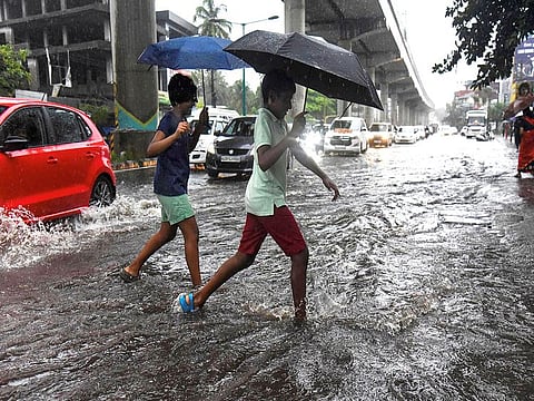 A view of a flooded road after Monsoon rains in Kochi.