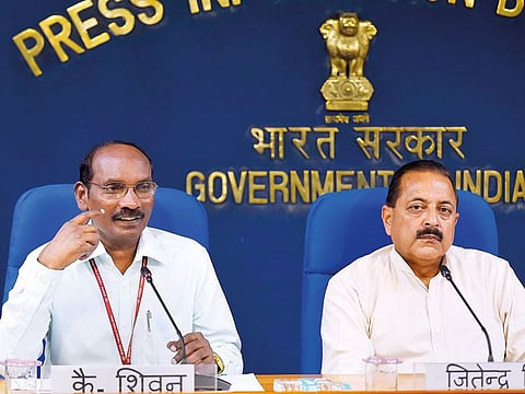 Isro chairman K. Sivan (left) with Minister of State in the Department of Atomic Energy and Department of Space Jitendra Singh at a press conference in New Delhi on Thursday.