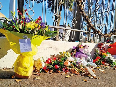 Wilting flowers and fading messages of condolence lie in front of Al Noor mosque in Christchurch, the first of two mosques in New Zealand, targeted by a terrorist on March 15.