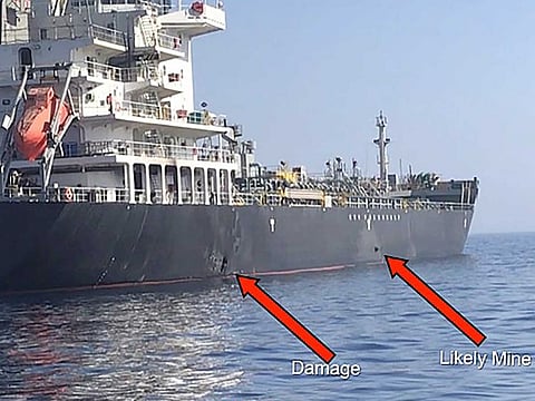 Damaged hull of the civilian vessel M/V Kokuka Courageous in the Gulf of Oman, June 13, 2019.