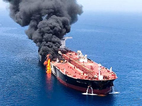 An oil tanker is seen after it was attacked at the Gulf of Oman, in waters between Gulf Arab states and Iran, June 13, 2019.