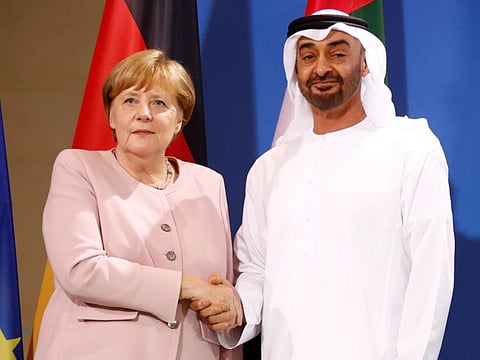 His Highness Shaikh Mohammad Bin Zayed Al Nahyan, Abu Dhabi Crown Prince and Deputy Supreme Commander of the UAE Armed Forces, and German Chancellor Angela Merkel shake hands after a news conference at the Chancellery in Berlin, Germany, on June 12, 2019.