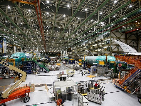 Several Boeing 777X aircraft are seen in various stages of production during a media tour of the Boeing 777X at the Boeing production facility in Everett, Washington, US.