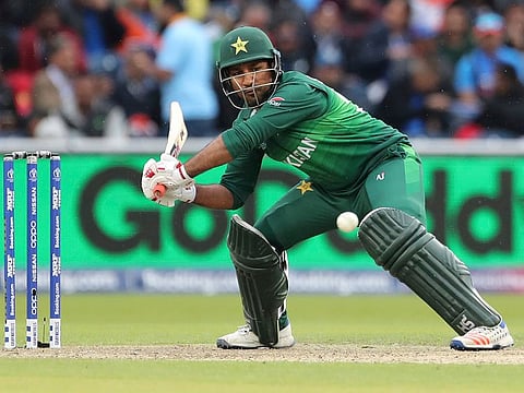 Pakistan's captain Sarfaraz Ahmad bats during the Cricket World Cup match between India and Pakistan at Old Trafford.