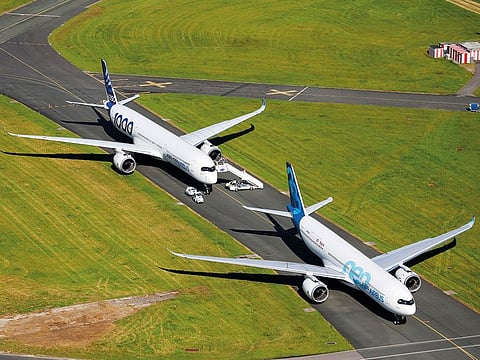 An Airbus A350-1000 and an Airbus A330 NEO are seen during the 53rd International Paris Air Show at Le Bourget Airport near Paris, France, June 17 2019.