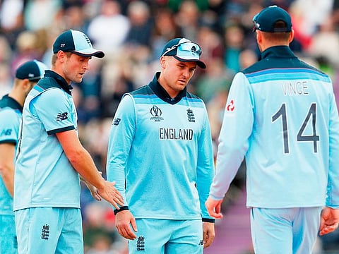 Jason Roy (centre) walks off the field after picking up an injury while fielding during the match against West Indies at the Rose Bowl in Southampton.