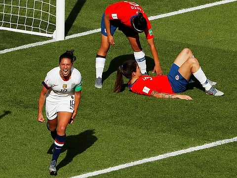 Carli Lloyd of the US celebrates scoring their third goal against Chile at the Women's World Cup.