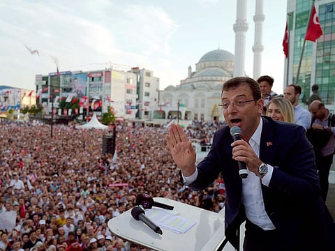 Ekrem Imamoglu, mayoral candidate for Istanbul from Turkey's main opposition Republican People's Party, speaks supporters at a rally for his campaign for the June 23 re-run elections, in Esenyurt district in Istanbul.