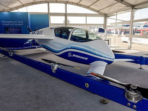 A Boeing 8 lift motors and one cruise propeller, experimental Passenger Air Vehicle is presented at the International Paris Air Show on June 19, 2019 at Le Bourget Airport, near Paris.