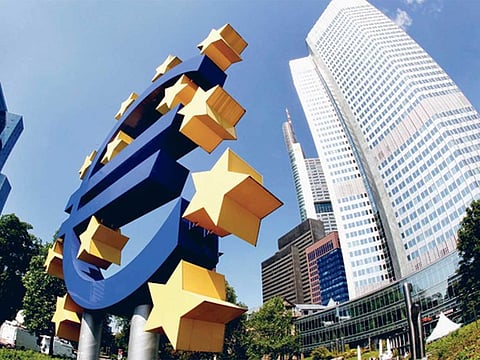 File photo: The euro sculpture seen in front of the European Central Bank in Frankfurt.
