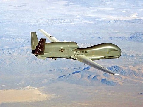 An RQ-4 Global Hawk unmanned surveillance and reconnaissance aircraft. A similar US spy drone was shot down over the Strait of Hormuz by an Iranian missile.