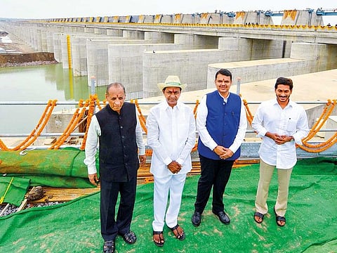 Telangana Governor E.S.L. Narasimhan, CM K. Chandrasekhar Rao, Maharashtra CM Devendra Fadnavis, Andhra CM Y.S. Jaganmohan Reddy at the inauguration of the Kaleshwaram Lift Irrigation Project (KLIP) works at Kaleshwaram village.