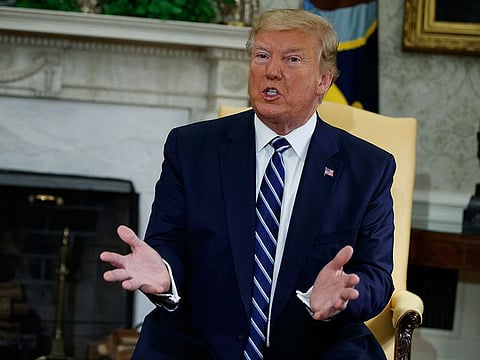 President Donald Trump speaks during a meeting with Canadian Prime Minister Justin Trudeau in the Oval Office of the White House.