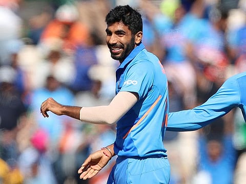 India's Jasprit Bumrah celebrates the dismissal of Afghanistan's Hashmatullah Shahidi during the Cricket World Cup match between India and Afghanistan at the Hampshire Bowl in Southampton, England, Saturday, June 22, 2019
