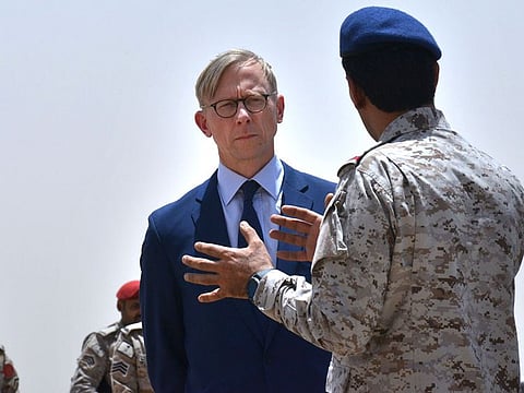 Brian Hook (L), the US special representative on Iran, listens to a member of the Saudi military forces at an army base in Al Kharj, south of the Saudi capital Riyadh.