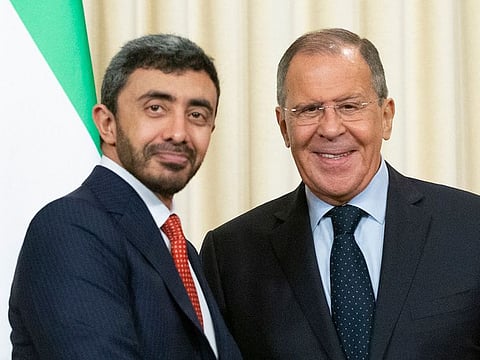 Russian Foreign Minister Sergey Lavrov, right, and Foreign Minister of the United Arab Emirates, Sheikh Abdullah bin Zayed Al Nahyan shake hands after their joint news conference following their talks in Moscow
