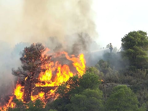 An image grab taken from a video released on June 27, 2019 by the Spanish Emergency Military Unit (UME) shows a firemean trying to extinguish a wildfire near Torre de l´Espanyol in Ribera d´Ebro, on the banks of the river Ebre, northeastern Spain.