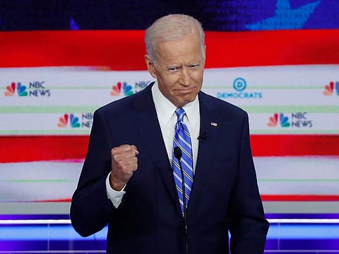 Former Vice President Joe Biden gestures during the second night of the first Democratic presidential candidates debate in Miami, Florida, U.S., June 27, 2019.