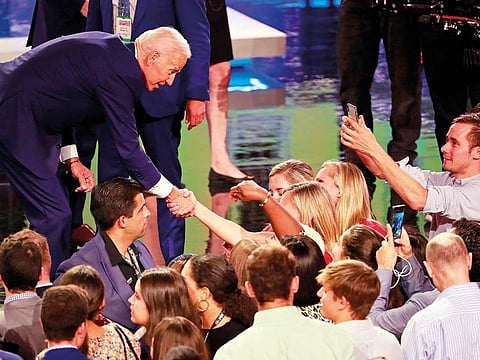 Democratic presidential candidate former vice president Joe Biden greets supporter after the Democratic primary debate hosted by NBC News at the Adrienne Arsht Center for the Performing Art in Miami.