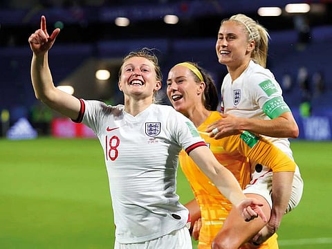 England’s Ellen White, Karen Bardsley and Steph Houghton celebrate the victory over Norway. England won 3-0.