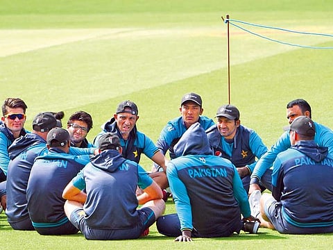 Pakistan captain Sarfaraz Ahmad speaks to his team on the field during a training session at Headingley in Leeds ahead of their Cricket World Cup clash against Afghanistan. Pakistan need a win to keep up their last-four hopes.