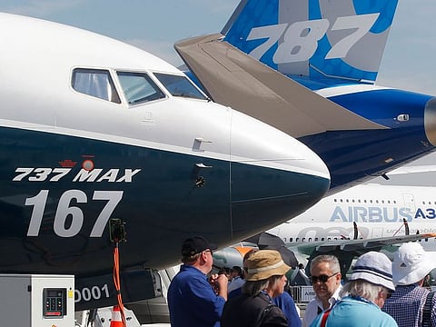 In this June 20, 2017, file photo Boeing planes displayed at Paris Air Show, in Le Bourget, east of Paris, France.