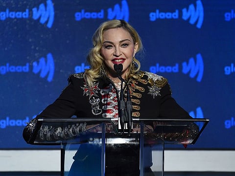In this May 4, 2019 file photo, Madonna accepts the advocate for change award at the 30th annual GLAAD Media Awards at the New York Hilton Midtown in New York.
