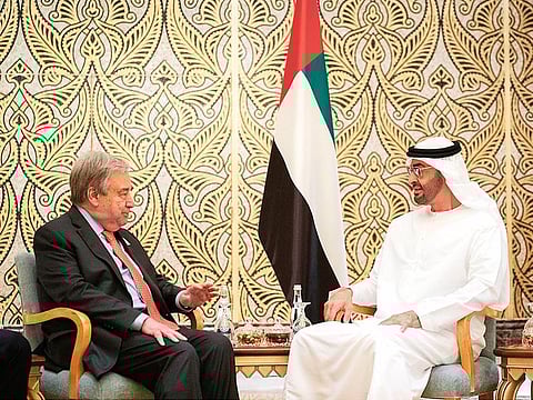 Shaikh Mohamed Bin Zayed Al Nahyan, Crown Prince of Abu Dhabi and Deputy Supreme Commander of the UAE Armed Forces (R) meets with Antonio Guterres, Secretary-General of the United Nations, at Emirates Palace.