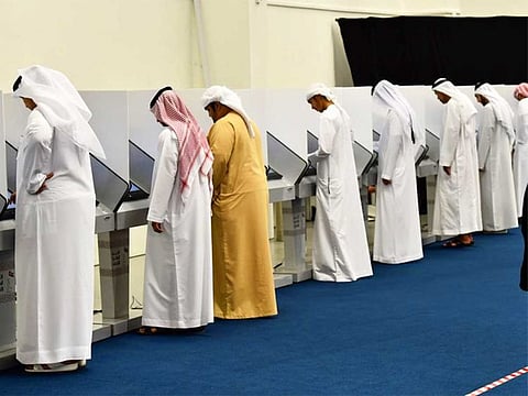 Emiratis cast their vote for FNC election at Higher College of Technology in Ras Al Khaimah