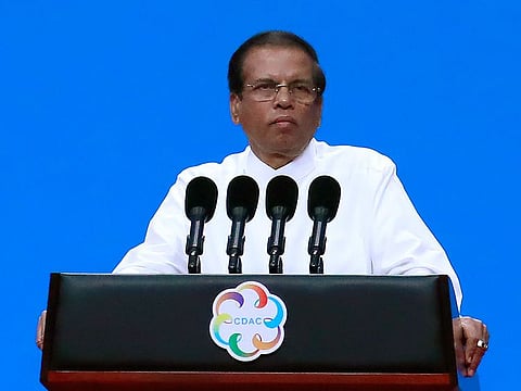 In this May 15, 2019, file photo, Sri Lanka President Maithripala Sirisena delivers a speech during the opening ceremony of the Conference on Dialogue of Asian Civilizations in Beijing, China.