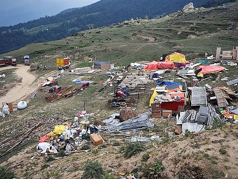 Waste left behind following the large-scale weddings of the brothers Suryakant and Shashank Gupta of the South Africa-based Gupta family in the Auli hill station in Uttarakhand state.