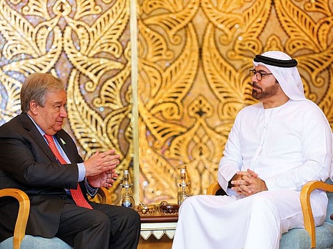 Mohammad Abdullah Al Gergawi with Antonio Guterres during a meeting after the signing of the agreement.